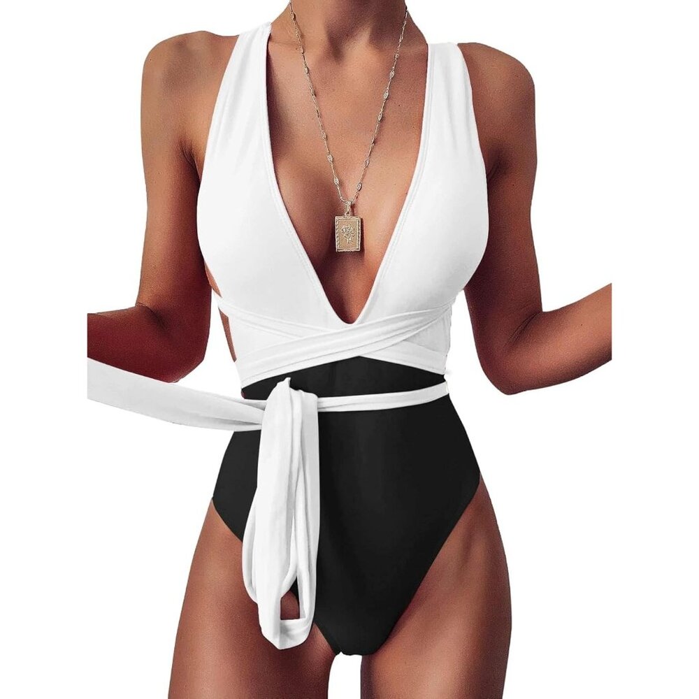 Lilosy Tie Criss Cross Plunge One Piece Swimsuit Brazilian Bathing Suit LARGE